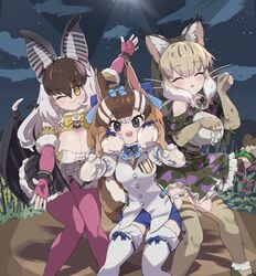  3girls animal_ears bat_ears bat_girl bat_wings belt brown_eyes brown_hair brown_long-eared_bat_(kemono_friends) camouflage cat_ears cat_girl cat_tail chipmunk_ears chipmunk_girl chipmunk_tail elbow_gloves extra_ears fingerless_gloves gloves grey_hair highres jacket jungle_cat_(kemono_friends) kemono_friends kemono_friends_v_project kunikuni_(kunihiro2005) leotard long_hair microphone multiple_girls one_eye_closed outdoors pantyhose ribbon shirt short_hair shorts siberian_chipmunk_(kemono_friends) skirt tail thighhighs vest virtual_youtuber wings yellow_eyes 