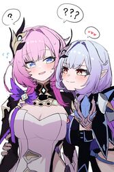  2girls :d ? absurdres asymmetrical_docking black_shrug blue_eyes blush breast_press breasts cleavage closed_mouth cowboy_shot elysia_(honkai_impact) elysia_(miss_pink_elf)_(honkai_impact) hair_intakes hand_on_another&#039;s_arm heart herrscher_of_corruption highres honkai_(series) honkai_impact_3rd large_breasts long_hair long_sleeves multiple_girls open_mouth pink_hair pink_pupils purple_hair shirt sidelocks simple_background smile spoken_heart spoken_question_mark strapless strapless_shirt white_background white_shirt yanggaengwang yellow_eyes yuri 