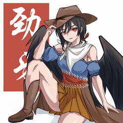  arm_support bandana bare_legs bare_shoulders black_hair black_wings blue_shirt boots brown_footwear brown_headwear brown_skirt chunjiu cowboy_hat cowboy_western cowgirl_(western) detached_sleeves feathered_wings female frilled_shirt frilled_sleeves frills hair_between_eyes hair_ribbon hand_on_headwear hat highres horse_girl knee_up kurokoma_saki long_hair looking_at_viewer low_ponytail muscular muscular_female open_mouth pleated_skirt puffy_detached_sleeves puffy_sleeves red_eyes red_ribbon ribbon shirt short_sleeves sidelocks simple_background sitting skirt sleeveless sleeveless_shirt smile text_background touhou white_background white_bandana wings 