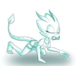  2024 all_fours anthro blue_and_white breasts carrying_with_mouth cleavage clothed clothing fan_character female fours_(artist) gecko hi_res lizard loose_shirt monochrome reptile scalie sega skitter_the_gecko solo sonic_the_hedgehog_(series) spats 