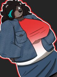  absurd_res annabelle_autumn_pines anthro bear big_breasts bottomwear breasts brown_bear clothed clothing denim denim_clothing female hair hair_over_eye hi_res impliedrainbows jacket kodiak_bear mammal one_eye_obstructed skirt solo topwear ursine 