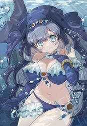  bikini blue_bikini blue_eyes bracelet breasts choker elbow_gloves female fins frills gloves grey_hair hair_ornament head_fins highres jewelry kemono_friends kunikuni_(kunihiro2005) long_hair looking_at_viewer navel ocean solo steller&#039;s_sea_cow_(kemono_friends) sunlight swimsuit tail 