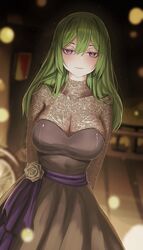  absurdres bags_under_eyes black_dress blurry blurry_background blush breasts cleavage dress female green_hair hair_between_eyes highres large_breasts long_hair looking_at_viewer purple_eyes see-through see-through_cleavage see-through_sleeves shiraitoart983 solo sousou_no_frieren ubel_(sousou_no_frieren) very_long_hair 