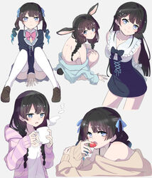  :o animal_ears arms_between_legs black_jacket blazer blowing_on_food blue_eyes blue_ribbon blue_shirt blue_skirt brown_footwear brown_hair closed_mouth cup dot_nose drink female food frown fruit grey_background hair_ribbon high-waist_skirt holding holding_drink holding_food holding_fruit jacket kemonomimi_mode loafers long_hair looking_at_viewer median_furrow mug multiple_views nijisanji off_shoulder official_alternate_costume official_alternate_hairstyle open_clothes open_jacket pink_jacket rabbit_ears rabbit_girl rabbit_tail ribbon school_uniform shirt shoes simple_background skirt sleeveless sleeveless_shirt smile sou_(tuhut) steam straight_hair strawberry striped_clothes striped_jacket tail thighhighs tsukino_mito tsukino_mito_(14th_costume) virtual_youtuber white_shirt white_thighhighs 