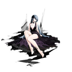  absurdres alternate_costume azur_lane black_dress blue_hair breasts cleavage closed_mouth dress female hair_between_eyes hand_on_own_chest high_heels highres large_breasts long_hair looking_at_viewer purple_eyes purple_nails rodney_(azur_lane) rodney_(meta)_(azur_lane) shoes simple_background single_shoe solo suo_bu_ye_feng white_background white_footwear 