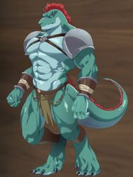  3:4 abs anthro biceps bottomwear clothing lizardfolk_(lustful_desires) lizardman loincloth lustful_desires male muscular muscular_anthro muscular_male pecs rhot_(lustful_desires) scalie solo tail zoroj 