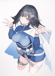  abigail_(black_survival) absurdres belt_pouch black_hair black_survival blue_jacket breasts cape closed_mouth cropped_legs double_v eternal_return:_black_survival female green_eyes hair_ornament highres jacket large_breasts leaning_forward long_sleeves looking_at_viewer pouch simple_background solo thigh_strap tunamayo_(dsasd751) v white_background white_cape 