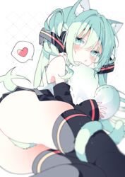  :o animal_ears aqua_eyes aqua_hair aqua_tail ass ass_focus black_skirt black_sleeves black_thighhighs blush cat_ears cat_tail detached_sleeves female hair_between_eyes hair_ornament hatsune_miku heart highres holding holding_stuffed_toy long_hair long_sleeves looking_at_viewer looking_back open_mouth skirt sleeves_past_wrists solo spoken_heart stuffed_toy suisei_1121 tail thighhighs twintails vocaloid 