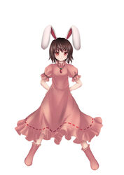  animal_ears black_hair carrot_necklace commentary_request dress female hands_on_own_hips highres inaba_tewi jewelry looking_at_viewer musyne_xsk necklace photoshop_(medium) rabbit_ears red_eyes ribbon_trim short_hair smile solo touhou white_background 