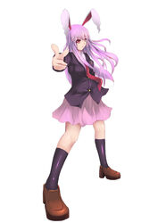  animal_ears blazer commentary_request female highres jacket long_hair looking_at_viewer musyne_xsk necktie photoshop_(medium) pointing pointing_at_viewer purple_hair purple_legwear rabbit_ears red_eyes reisen_udongein_inaba skirt solo touhou white_background 