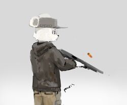  2017 anthro bear cheek_tuft clothed clothing facial_tuft grey_background gun hat headgear headwear hi_res holding_gun holding_object holding_ranged_weapon holding_weapon hoodie male mammal mossberg_500 panzery25 pines_(panzery25) polar_bear ranged_weapon shell_(projectile) shotgun shotgun_shell side_view signature simple_background solo standing topwear tuft ursine weapon 