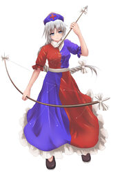  arrow_(projectile) blue_eyes bow bow_(weapon) braid commentary_request constellation cross dress female grey_hair hairbow highres long_hair multicolored_clothes multicolored_dress musyne_xsk photoshop_(medium) red_cross single_braid smile solo touhou very_long_hair weapon white_background yagokoro_eirin 