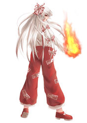  bow cigarette commentary_request female fire flaming_hand fujiwara_no_mokou hairbow highres long_hair looking_at_viewer musyne_xsk photoshop_(medium) profile red_eyes smile smoking solo suspenders touhou white_background white_hair 