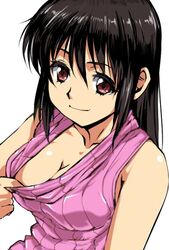  bad_id bad_twitter_id bare_shoulders black_hair breasts brown_eyes cleavage closed_mouth collarbone commentary_request downblouse female kamisimo_90 long_hair medium_breasts no_bra original pink_sweater presenting ribbed_sweater smile solo sweater sweater_girl_(kamisimo_90) sweater_vest upper_body 