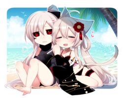  2girls :d =_= ahoge animal_ears annoyed bad_id bad_pixiv_id bare_legs barefoot beach bikini black_bikini black_sclera blonde_hair blush breasts bridal_garter chaso_(konshin) chibi cleavage clenched_teeth closed_eyes colored_sclera dated day detached_sleeves hair_between_eyes heart konshin long_hair medium_breasts multiple_girls navel open_mouth original outdoors palm_tree ponytail puff_of_air red_eyes sidelocks signature sitting smile swimsuit tail teeth tree twintails water white_hair 