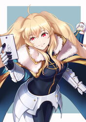  2girls anne_bonny_(fate) armor bad_id bad_pixiv_id blonde_hair breasts cosplay fate/grand_order fate_(series) gauntlets gawain_(fate) gawain_(fate)_(cosplay) highres long_hair mary_read_(fate) multiple_girls phone red_eyes short_hair smile twintails white_hair yaekaidou 