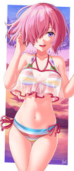  artist_name bikini cloud cloudy_sky commentary cowboy_shot crop_top fate/grand_order fate_(series) female hair_over_one_eye halterneck hand_in_own_hair highres horizon looking_at_viewer mash_kyrielight mash_kyrielight_(swimsuit_of_perpetual_summer_ver.02) multicolored_stripes navel ocean official_alternate_costume open_mouth outside_border pink_hair purple_eyes see-through short_hair side-tie_bikini_bottom signature sky smile solo standing striped_bikini striped_clothes swimsuit thigh_gap twilight yuito_(yuitokobunasbs0) 