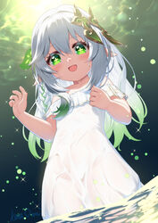  :d artist_name asymmetrical_hair bare_shoulders blush braid bright_pupils clenched_hand cowboy_shot cross-shaped_pupils dress eyelashes female flat_chest frills from_below genshin_impact glowing gradient_background green_eyes green_hair hair_between_eyes hair_ornament hands_up highres kana_ami leaf_hair_ornament long_hair multicolored_hair nahida_(genshin_impact) off-shoulder_dress off_shoulder open_mouth partially_submerged pointy_ears sidelocks single_braid smile solo sparkle standing symbol-shaped_pupils wading water wet wet_clothes wet_dress white_dress white_hair 