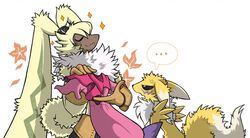  ambiguous_gender annoyed anthro bandai_namco canid canine clothing digimon digimon_(species) dress duo ellipsis fluffy_chest fox fur gloves handwear humor lagomorph leporid long_ears mammal ponytail_ears portugueselynx rabbit renamon simple_background sparkles symbareangoramon white_background yellow_body yellow_fur 