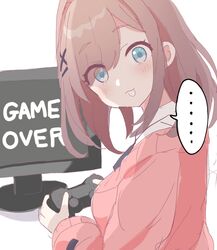  ... blue_eyes blush brown_hair cardigan collared_shirt controller false_smile female flat_screen_tv game_controller game_over hair_ornament hairclip head_tilt holding holding_controller holding_game_controller long_sleeves looking_at_viewer looking_to_the_side nijisanji open_mouth pink_cardigan shirt simple_background smile solo spoken_ellipsis staring suzuhara_lulu tadanoshi_kabane television upper_body virtual_youtuber white_background white_shirt wide-eyed x_hair_ornament 