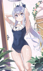  armpits arms_behind_head arms_up bare_shoulders blue_archive blue_one-piece_swimsuit blush bow breasts casual_one-piece_swimsuit covered_navel female frilled_one-piece_swimsuit frills hair_between_eyes hairbow halo high_ponytail highres long_hair looking_at_viewer miyako_(blue_archive) miyako_(swimsuit)_(blue_archive) off-shoulder_one-piece_swimsuit off_shoulder one-piece_swimsuit open_mouth purple_eyes shower_(place) showering sidelocks small_breasts solo super_zombie swimsuit thighs wet white_hair 