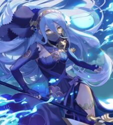  aisutabetao axe azura_(fire_emblem) azura_(performing_arts)_(fire_emblem) black_dress blue_hair blue_theme bow cloud commentary_request dress female fingerless_gloves fire_emblem fire_emblem_fates fire_emblem_heroes gloves hair_between_eyes highres holding holding_axe jewelry long_hair necklace parted_lips sky solo veil yellow_eyes 