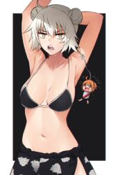  2girls absurdres ahoge alternate_costume angry armpits breasts commentary fate/grand_order fate_(series) fujimaru_ritsuka_(female) hair_bun highres jeanne_d&#039;arc_alter_(avenger)_(fate) jeanne_d&#039;arc_alter_(fate) kuronami616 looking_at_viewer medium_breasts multiple_girls navel open_mouth presenting_armpit riyo_(lyomsnpmp)_(style) self-upload sideboob simple_background stomach sweat swimsuit 