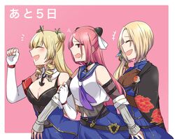  +++ 3girls :d ^_^ arm_belt arm_under_breasts assault_lily bare_shoulders belt belt_buckle black_belt black_cape black_choker black_shirt blonde_hair blue_sailor_collar blue_shirt blue_skirt blush bodystocking border breasts buckle cape choker cleavage clenched_hand closed_eyes commentary countdown cowboy_shot crop_top detached_collar detached_sleeves drill_hair drill_sidelocks elbow_gloves fingerless_gloves floral_print from_side gloves green_ribbons grey_shirt hair_ornament hair_ribbon hairpods halftone halftone_background hand_on_another&#039;s_arm hand_up layered_sleeves long_hair long_sleeves looking_ahead lower_teeth_only maruyama_amane medium_breasts midriff_peek multiple_belts multiple_girls navel neckerchief nigari_(ngari_0115) notice_lines o-ring o-ring_choker odaiba_girls_high_school_uniform open_mouth outside_border parted_bangs pink_background pleated_skirt print_cape profile purple_neckerchief raised_eyebrows red_eyes red_hair ribbon saigou_kurena sailor_collar school_uniform serafuku shiba_tomoshibi shirt side_ponytail sidelocks skirt sleeves_past_wrists smile standing sweatdrop teeth translated twin_drills undershirt v-shaped_eyebrows white_border white_gloves white_shirt 