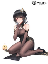  absurdres azur_lane bare_shoulders black_dress black_flower black_footwear black_hair blush bodystocking braid breasts brown_gloves brown_pantyhose chen_hai_(azur_lane) chen_hai_(vestibule_of_wonders)_(azur_lane) china_dress chinese_clothes cleavage dress elbow_gloves female flower gloves hair_flower hair_ornament high_heels highres kneeling large_breasts long_bangs long_hair looking_at_viewer nanqizizhou official_alternate_costume pantyhose parted_lips pumps red_eyes see-through see-through_cleavage side_slit simple_background solo white_background 