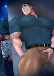  2boys absol_(dkqthf) bara black_hair bulge collared_shirt crotch_grab feet_out_of_frame hat highres large_pectorals leather leather_belt looking_at_another male_focus male_masturbation manly masturbation masturbation_through_clothes mature_male multiple_boys muscular muscular_male night night_sky original outdoors pants pectorals police police_uniform shirt short_hair short_sleeves sky smile spiked_hair thick_arms thick_eyebrows thick_thighs thighs tongue tongue_out tree undercut uniform veins veiny_arms yaoi 