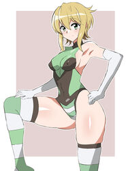  akatsuki_kirika blonde_hair blush breasts covered_navel covered_nipples elbow_gloves female gloves green_eyes green_leotard highres kagemusha leotard looking_at_viewer medium_breasts senki_zesshou_symphogear shiny_skin short_hair skindentation smile solo standing striped_clothes striped_thighhighs thighhighs thighs white_gloves 