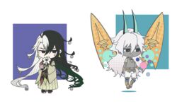  2boys absurdres arjuna_(fate) arjuna_alter_(fate) ashiya_douman_(fate) asymmetrical_clothes asymmetrical_hair bell black_eyes black_hair chibi curly_hair dark-skinned_male dark_skin earrings fate/grand_order fate_(series) full_body hadanugi_dousa hair_bell hair_between_eyes hair_intakes hair_ornament highres japanese_clothes jewelry kimono long_hair magatama magatama_earrings male_focus multicolored_hair multiple_boys mushitori_(pixiv261122) open_clothes open_kimono ribbed_sleeves shikigami smile split-color_hair two-tone_hair very_long_hair white_hair 