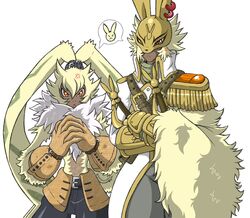  anthro armor bandai_namco blonde_hair cape clothing diarbbitmon digimon digimon_(species) digimon_ghost_game duo ear_piercing ear_ring fluffy_chest fur gloves hair handwear headgear helmet hi_res humanoid knight lagomorph leporid long_ears male mammal piercing ponytail_ears portugueselynx rabbit ring_piercing shirtless symbareangoramon warrior yellow_body yellow_fur 