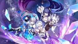  3girls absurdres armored_leotard breasts bronya_zaychik bronya_zaychik_(herrscher_of_truth) cleavage commentary_request crossed_bangs crown dress galaxy gloves grey_eyes grey_hair hair_between_eyes hair_ornament halo high_heels highres honkai_(series) honkai_impact_3rd kiana_kaslana kiana_kaslana_(herrscher_of_finality) large_breasts long_hair looking_at_viewer multiple_girls open_mouth purple_eyes raiden_mei raiden_mei_(herrscher_of_origin) roena sky small_breasts smile space star_(sky) starry_sky symbol-shaped_pupils thighhighs very_long_hair white_dress white_hair white_thighhighs 