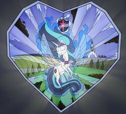  2020 absurd_res alicorn alternate_species blue_hair closed_eyes crown crystal_empire equid equine female friendship_is_magic hair hasbro headgear heart_symbol hi_res horn insect_wings long_hair mammal mtf_crossgender my_little_pony mythological_creature mythological_equine mythology rule_63 shining_armor_(mlp) silfoe solo stained_glass tiara wings 