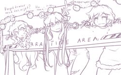  3girls animal_costume annoyed antlers belt bent_over bow braid broken_antler christmas_ornaments closed_eyes coronavirus_pandemic crying earrings english_commentary english_text hair_between_eyes hair_ribbon hairbow hater_(hatater) himekaidou_hatate horns jewelry jitome kirisame_marisa long_hair looking_ahead looking_to_the_side makeup multiple_girls pillory pointy_ears ranguage reindeer_antlers reindeer_costume restrained ribbon short_hair single_braid smile stationary_restraints tatara_kogasa torn_clothes touhou twintails unzipped 