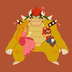  1:1 anthro bowser claws clothing dress female group hat headgear headwear heart_symbol human koopa lipstick makeup male mammal mario mario_bros nintendo on_lap one_eye_closed overalls princess_peach reptile scalie shell sitting_on_lap starjeti wink 