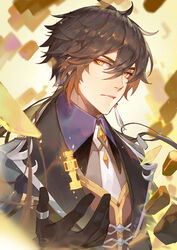  1boy black_gloves black_hair brown_hair chess_piece closed_mouth collared_shirt earrings floating floating_object floating_rock formal genshin_impact gloves gnosis_(genshin_impact) hair_between_eyes hand_up jacket jewelry long_hair long_sleeves looking_at_viewer male_focus multicolored_hair ring rock shirt simple_background single_earring solo songjikyo suit tassel tassel_earrings thumb_ring yellow_eyes zhongli_(genshin_impact) 