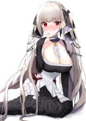  absurdres arm_support azur_lane bare_shoulders blush breasts cleavage dress female formidable_(azur_lane) frilled_dress frills grey_hair hair_ribbon hand_up highres large_breasts long_hair looking_at_viewer nephthys2356 red_eyes ribbon simple_background sitting sleeves_past_wrists solo twintails two-tone_dress very_long_hair white_background yokozuwari 