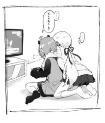  ... 2girls ahoge animal_ears controller flat_screen_tv game_controller greyscale hair_ribbon holding hug hug_from_behind indoors jacket knees_up long_hair long_sleeves low_ponytail monochrome multiple_girls nijisanji no_shoes panda_ears pleated_skirt ponytail ribbon sasaki_saku sasaki_saku_(1st_costume) shiina_yuika shiina_yuika_(1st_costume) sitting skirt sleeves_past_wrists socks soles soranakidayo spoken_ellipsis sweater television translation_request very_long_hair virtual_youtuber wariza 