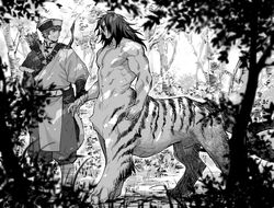  abs alternate_species arrow_(weapon) biceps bow_(weapon) clothed clothing duo dynasty_warriors eye_contact felid felid_taur forest hat headgear headwear human humanoid_taur koei_tecmo komorebi looking_at_another ma_dai male mammal mammal_taur mask mdrkwgk monochrome muscular nipples nude pantherine pantherine_taur pecs plant ranged_weapon shadow stripes taur tree warriors_(game_series) weapon wei_yan 