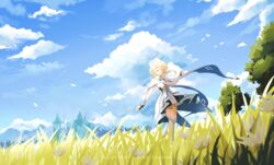  arm_guards artist_name bare_shoulders blonde_hair blue_sky closed_eyes cloud cloudy_sky day detached_sleeves dress female flower genshin_impact grass hair_flower hair_ornament highres lumine_(genshin_impact) outdoors petals scarf scenery short_hair short_hair_with_long_locks sky smile solo white_petals white_scarf zahchii_(airiakasaki) 