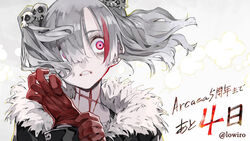  adjusting_clothes adjusting_gloves arcaea ear_piercing earrings female fur_trim gloves grey_hair hair_ornament hair_over_one_eye highres jewelry long_hair multicolored_hair piercing pink_eyes red_gloves red_hair scar scar_on_neck skull_hair_ornament solo teeth toro3 twintails twitter_username upper_body wide-eyed 