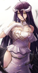  absurdres ahoge albedo_(overlord) arm_behind_back bare_shoulders black_hair black_wings blurry blurry_background breasts cleavage closed_mouth commentary curled_horns demon_girl demon_horns detached_collar dress feathered_wings feathers female gloves gold_trim hair_between_eyes hand_on_own_chest high-waist_dress highres horns large_breasts long_dress long_hair looking_at_viewer low_wings off-shoulder_dress off_shoulder overlord_(maruyama) simple_background slit_pupils smile solo spider_web_print thighs white_background white_dress white_gloves wings yellow_eyes zoe_(z_o_e_7) 