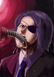  1boy black_hair bluebrute collared_shirt crying drinking eyepatch facial_hair formal gas_pump_nozzle goatee gochuumon_wa_usagi_desu_ka? hair_intakes highres liquid looking_afar looking_up mature_male moustache necktie open_mouth out_of_frame purple_eyes purple_hair red_background refueling sexually_suggestive shirt simple_background suit tedeza_rize&#039;s_father 