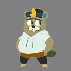  1:1 absurd_res animal_crossing anthro beaver buckteeth c.j._(animal_crossing) clothing freckles headgear hi_res hoodie male mammal nintendo rodent solo starjeti teeth topwear 