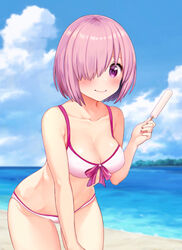  adapted_costume alternate_costume bad_id bad_pixiv_id bare_arms bare_shoulders beach bikini blush breasts cleavage collarbone commentary day fate/grand_order fate_(series) female hair_over_one_eye highres holding large_breasts looking_at_viewer mash_kyrielight mash_kyrielight_(swimsuit_of_perpetual_summer) ocean official_alternate_costume outdoors pink_bikini purple_eyes short_hair smile solo swimsuit yoshinobori 