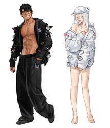  1boy abs anpanman baikinman barefoot baseball_cap baymax big_hero_6 black_footwear black_hair black_jacket black_pants casper_the_friendly_ghost casper_the_friendly_ghost_(series) censored character_request closed_eyes disney female frozen_(disney) full_body gengar ghostbusters glasses hat hello_kitty hello_kitty_(character) highres hollow_knight identity_censor jack_skellington jacket kaonashi knight_(hollow_knight) kuromi michelin michelin_man mickey_mouse moomin morgana_(persona_5) muscular muscular_male my_melody nipples off_shoulder olaf_(frozen) onegai_my_melody open_clothes open_jacket open_mouth original pants parted_lips peanuts_(comic) pectorals persona persona_5 pin pingu pingu_(series) pokemon rinotuna sanrio sans_(undertale) sen_to_chihiro_no_kamikakushi short_hair simple_background sleeves_past_wrists smile snoopy standing stay_puft the_nightmare_before_christmas topless_male undertale white_background white_headwear white_jacket 