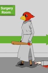  2:3 absurd_res angry anthro anuvisur_(artist) avian baseball_bat bat_(object) bird blood bodily_fluids breasts clothed clothing death digital_media_(artwork) english_text feathers female hi_res holding_object hospital human knife male mammal patch_(fabric) pegleg sign text toga young 