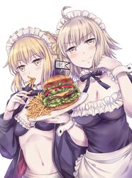  2girls ahoge apron armor artoria_pendragon_(alter_swimsuit_rider)_(fate) artoria_pendragon_(alter_swimsuit_rider)_(second_ascension)_(fate) artoria_pendragon_(fate) bikini blonde_hair blush breasts cosplay eating fate/grand_order fate/stay_night fate_(series) food grey_hair highres holding holding_food holding_plate jacket jeanne_d&#039;arc_alter_(fate) looking_at_viewer maid maid_apron maid_bikini maid_headdress multiple_girls open_clothes open_mouth plate plate_armor saber_alter saber_alter_(cosplay) short_hair smile swimsuit takitarou unconventional_maid yellow_eyes 